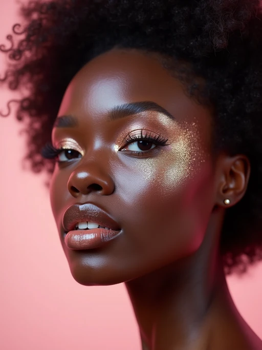 close-up of model with glittery eye shadow and high-shine gloss, set against a soft, pastel background
