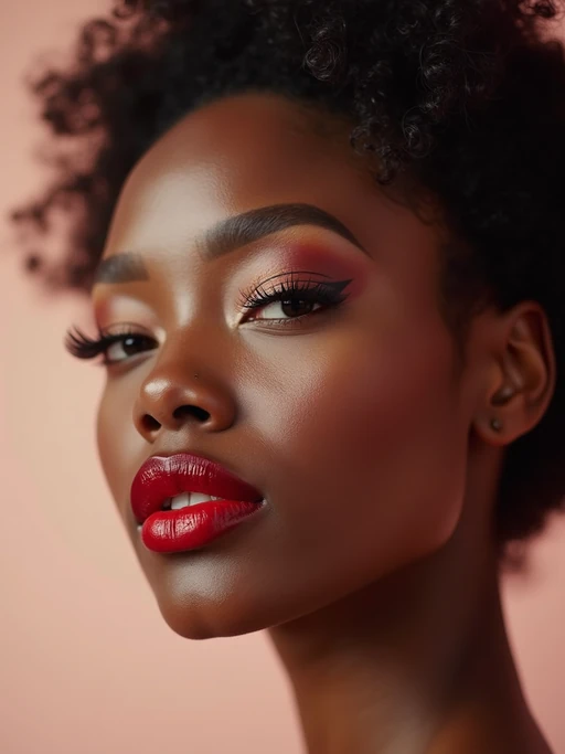 close up of model with a bold red lipstick and smokey eye makeup. set against a soft, pastel background