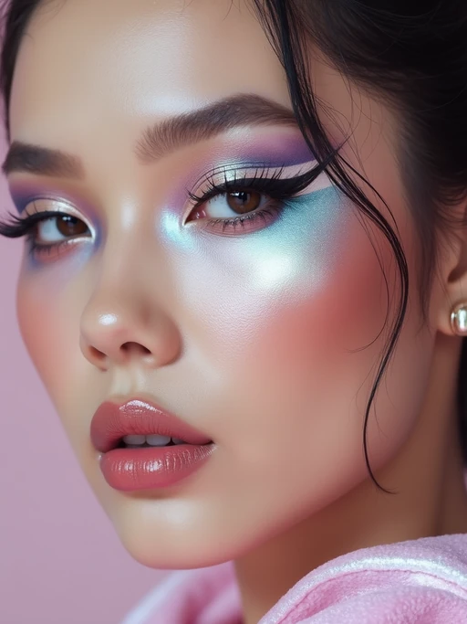 close-up of Futuristic makeup with metallic eyeshadow and sharp contouring. set against a soft, pastel background