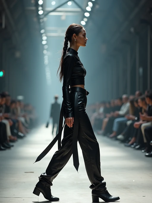 side view of model walking on a fashion runway in an industrial space, showcasing a futuristic outfit with sharp lines