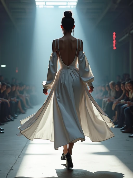 back view of model walking on a fashion runway in an industrial space, captured mid-twirl, showcasing a futuristic outfit with sharp lines