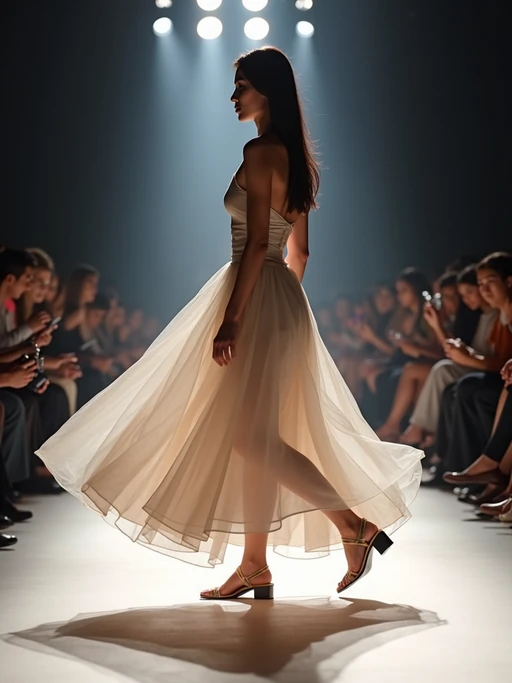 side view of model striding confidently down a fashion runway, captured mid-twirl, surrounded by flashing camera lights.