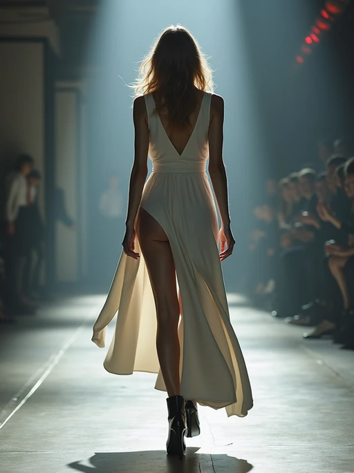 back view of model walking on a fashion runway in an industrial space, captured mid-twirl, showcasing a futuristic outfit with sharp lines