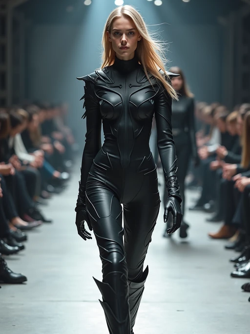 front view of model walking on a fashion runway in an industrial space, showcasing a futuristic outfit with sharp lines