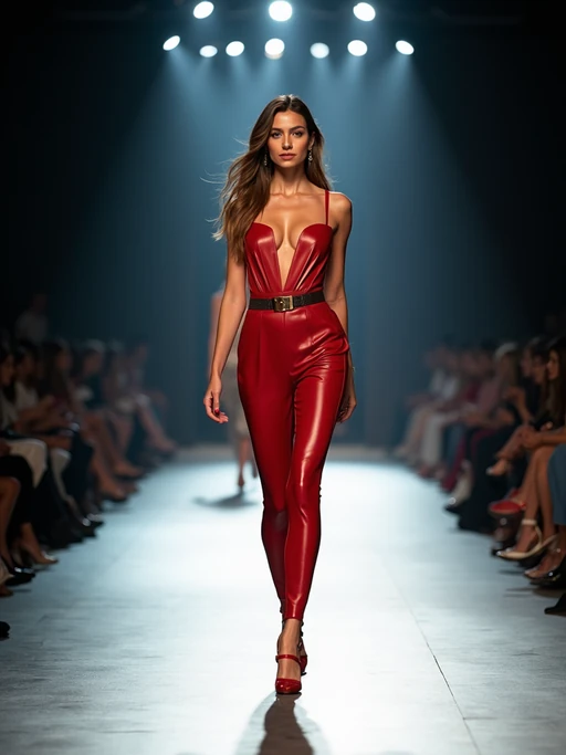 front view of model striding confidently down a fashion runway, surrounded by flashing camera lights.