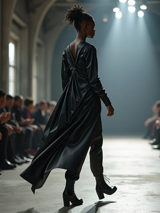 side view of model walking on a fashion runway in an industrial space, showcasing a futuristic outfit with sharp lines