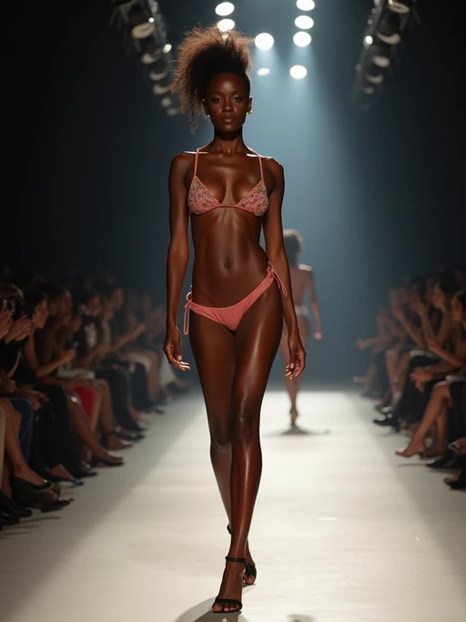 side view of model striding confidently down a fashion runway in bikini, surrounded by flashing camera lights.