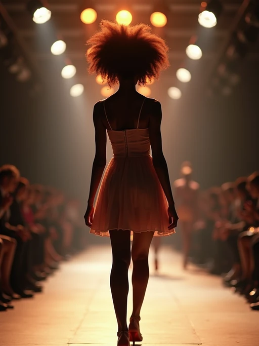 back view of model striding confidently down a fashion runway, surrounded by flashing camera lights.