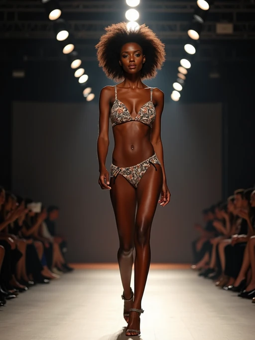 front view of model striding confidently down a fashion runway, surrounded by flashing camera lights.