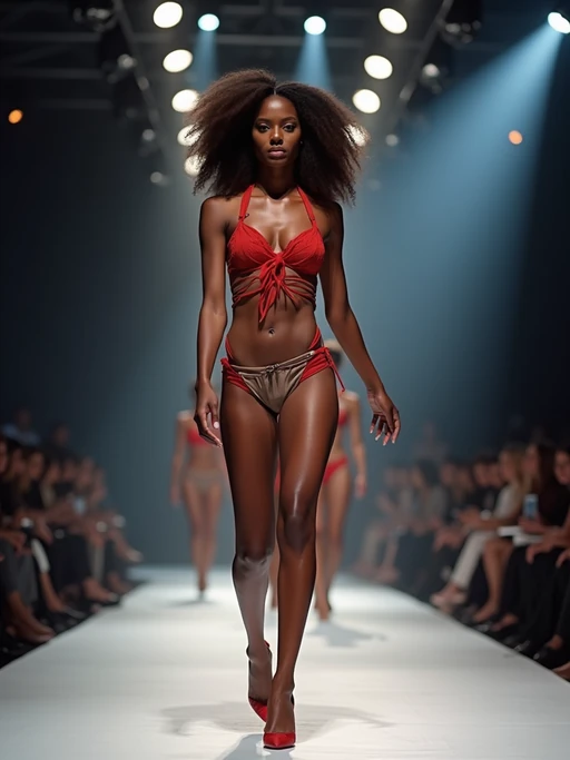 front view of model striding confidently down a fashion runway, surrounded by flashing camera lights.