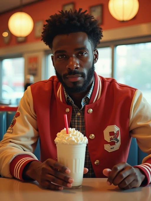 model in retro 1950s diner photo shoot. one milkshake in front. if(gender=m){model wearing varsity bomber} if(gender=f){model wearing 1950s pin up dress and 1950s hair tie}