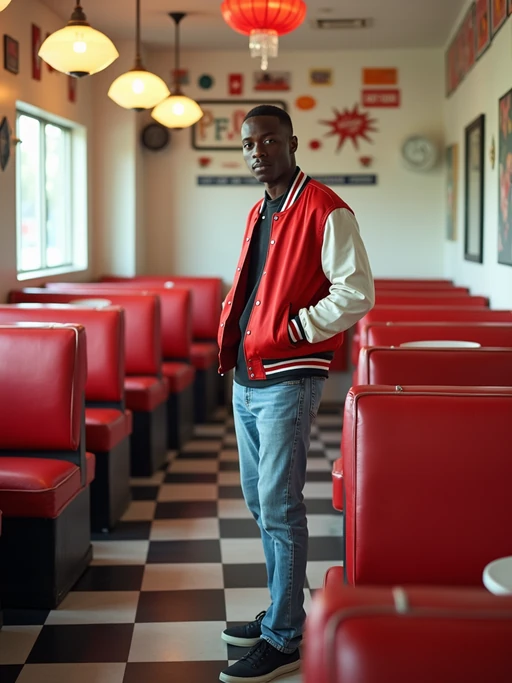 model in retro 1950s diner photo shoot. posing in front of red 1950s barstools. if(gender=m){model wearing varsity bomber} if(gender=f){model wearing 1950s pin up dress and 1950s red hair tie}. white interior with red seats and black and white flooring.