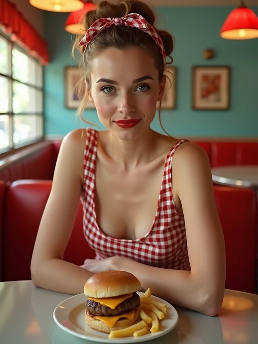 model in retro 1950s diner photo shoot. french fries and one cheeseburger on a plate in front. if(gender=m){model wearing varsity bomber} if(gender=f){model wearing 1950s pin up dress and 1950s hair tie}