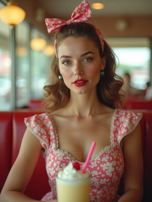 model in retro 1950s diner photo shoot. one milkshake in front. if(gender=m){model wearing varsity bomber} if(gender=f){model wearing 1950s pin up dress and 1950s hair tie}