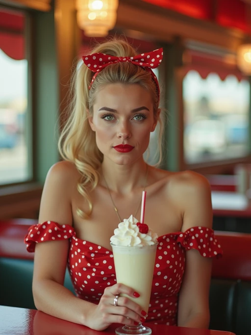 model in retro 1950s diner photo shoot. one milkshake in front. if(gender=m){model wearing varsity bomber} if(gender=f){model wearing 1950s pin up dress and 1950s hair tie}