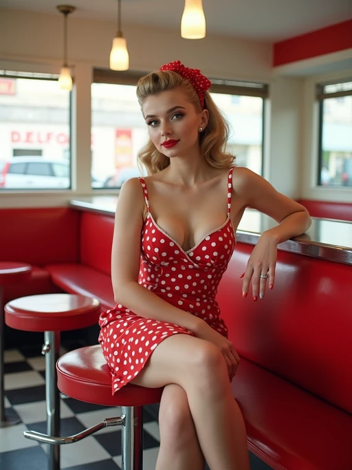 model in retro 1950s diner photo shoot. posing in front of red 1950s barstools. if(gender=m){model wearing varsity bomber} if(gender=f){model wearing 1950s pin up dress and 1950s red hair tie}. white interior with red seats and black and white flooring.