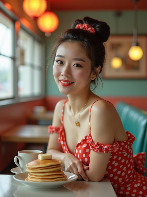 model in retro 1950s diner photo shoot. stack of pancakes and one coffee mug in front. if(gender=m){model wearing varsity bomber} if(gender=f){model wearing 1950s pin up dress and 1950s hair tie}