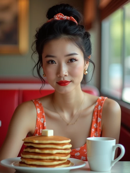 model in retro 1950s diner photo shoot. stack of pancakes and one coffee mug in front. if(gender=m){model wearing varsity bomber} if(gender=f){model wearing 1950s pin up dress and 1950s hair tie}