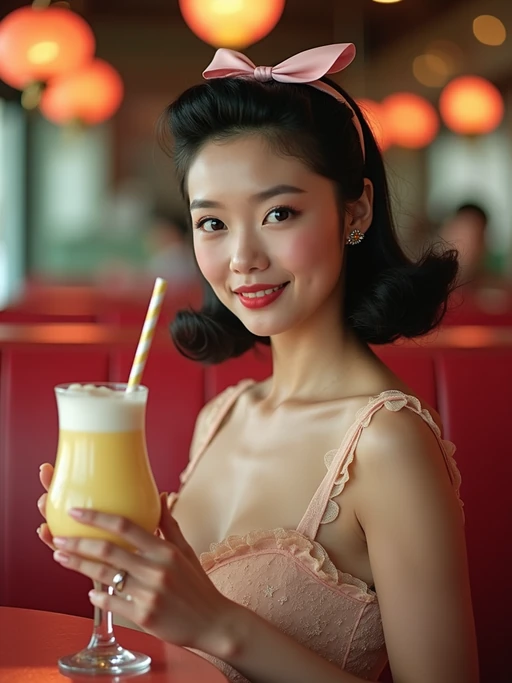 model in retro 1950s diner photo shoot. one milkshake in front. if(gender=m){model wearing varsity bomber} if(gender=f){model wearing 1950s pin up dress and 1950s hair tie}