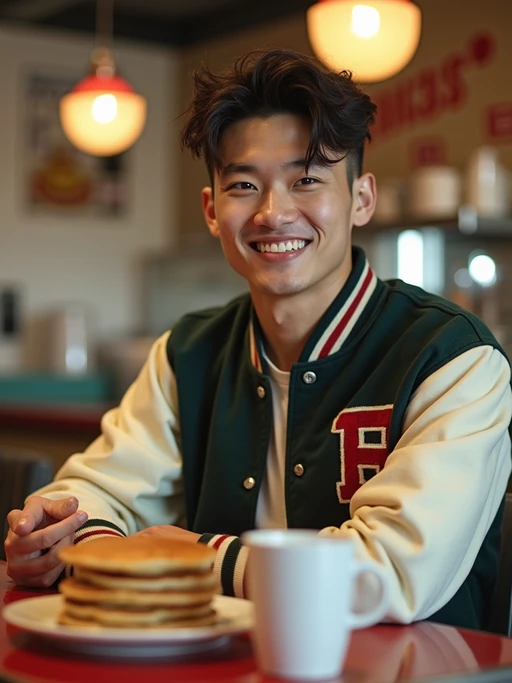 model in retro 1950s diner photo shoot. stack of pancakes and one coffee mug in front. if(gender=m){model wearing varsity bomber} if(gender=f){model wearing 1950s pin up dress and 1950s hair tie}