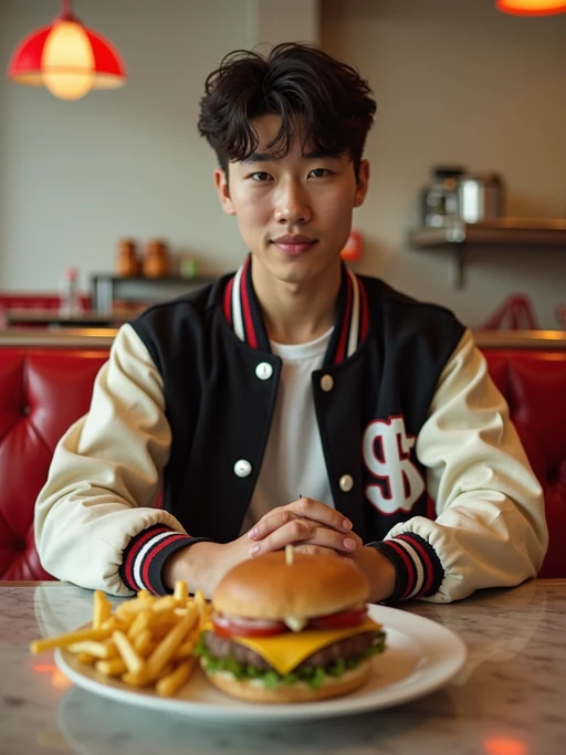 model in retro 1950s diner photo shoot. french fries and one cheeseburger on a plate in front. if(gender=m){model wearing varsity bomber} if(gender=f){model wearing 1950s pin up dress and 1950s hair tie}