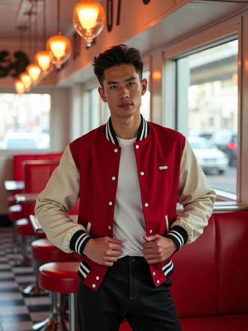 model in retro 1950s diner photo shoot. posing in front of red 1950s barstools. if(gender=m){model wearing varsity bomber} if(gender=f){model wearing 1950s pin up dress and 1950s red hair tie}. white interior with red seats and black and white flooring.