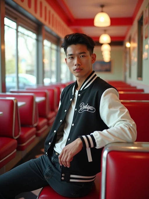 model in retro 1950s diner photo shoot. posing in front of red 1950s barstools. if(gender=m){model wearing varsity bomber} if(gender=f){model wearing 1950s pin up dress and 1950s red hair tie}. white interior with red seats and black and white flooring.