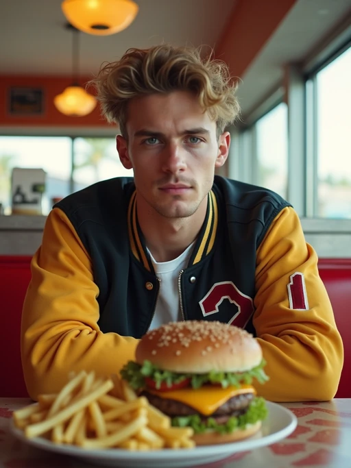 model in retro 1950s diner photo shoot. french fries and one cheeseburger on a plate in front. if(gender=m){model wearing varsity bomber} if(gender=f){model wearing 1950s pin up dress and 1950s hair tie}