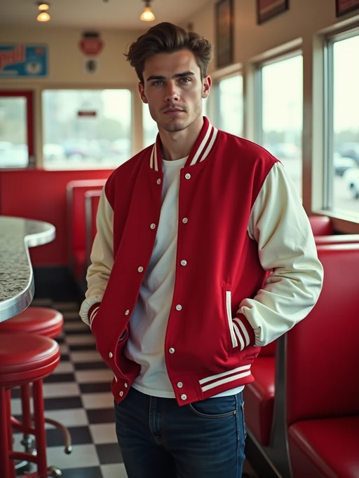 model in retro 1950s diner photo shoot. posing in front of red 1950s barstools. if(gender=m){model wearing varsity bomber} if(gender=f){model wearing 1950s pin up dress and 1950s red hair tie}. white interior with red seats and black and white flooring.