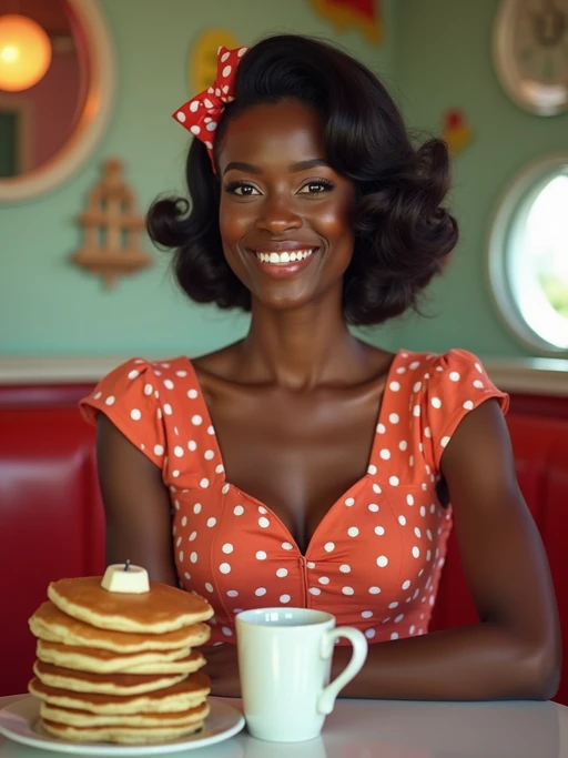 model in retro 1950s diner photo shoot. stack of pancakes and one coffee mug in front. if(gender=m){model wearing varsity bomber} if(gender=f){model wearing 1950s pin up dress and 1950s hair tie}