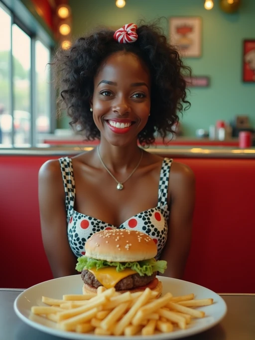 model in retro 1950s diner photo shoot. french fries and one cheeseburger on a plate in front. if(gender=m){model wearing varsity bomber} if(gender=f){model wearing 1950s pin up dress and 1950s hair tie}