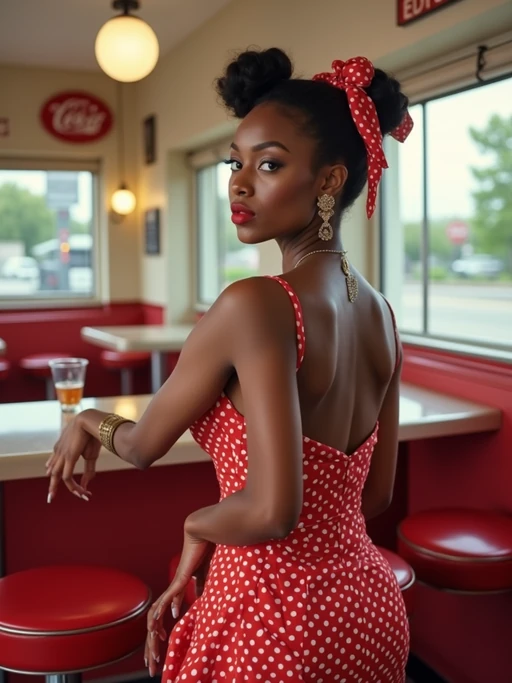 model in retro 1950s diner photo shoot. posing in front of red 1950s barstools. if(gender=m){model wearing varsity bomber} if(gender=f){model wearing 1950s pin up dress and 1950s red hair tie}. white interior with red seats and black and white flooring.