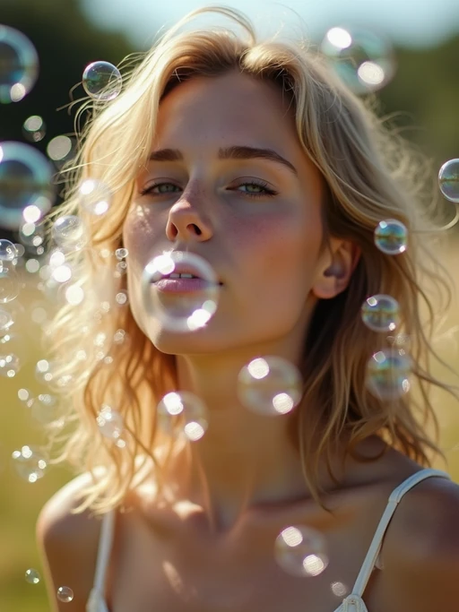 model blowing bubbles. all around her are floating bubbles. many bubbles floating. the bubbles reflect her face. she stands in a sunlit field.