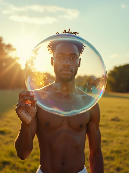 model holding a giant soap bubble in a sunlit field
