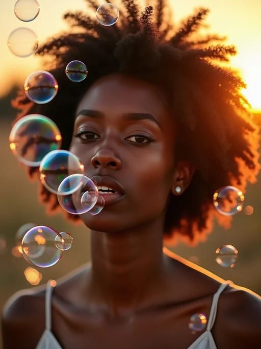 model blowing bubbles. all around her are floating bubbles. many bubbles floating. the bubbles reflect her face. it is golden hour at sunset.