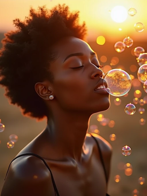model blowing bubbles. all around her are floating bubbles. many bubbles floating. the bubbles reflect her face. it is golden hour at sunset.