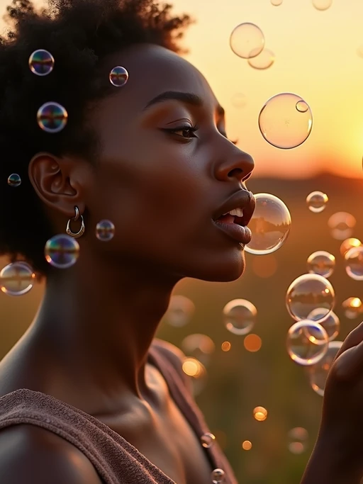 model blowing bubbles. all around her are floating bubbles. many bubbles floating. the bubbles reflect her face. it is golden hour at sunset.