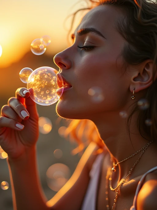 model blowing bubbles. all around her are floating bubbles. many bubbles floating. the bubbles reflect her face. it is golden hour at sunset.
