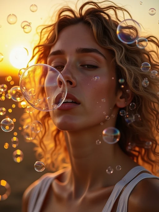 model blowing bubbles. all around her are floating bubbles. many bubbles floating. the bubbles reflect her face. it is golden hour at sunset.