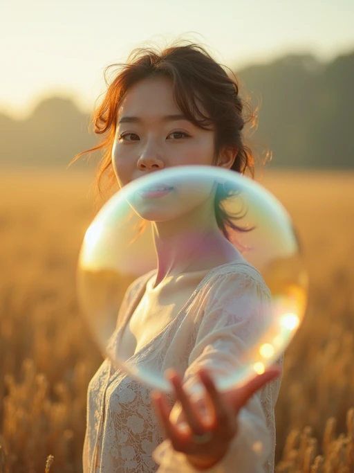 model holding a giant soap bubble in a sunlit field