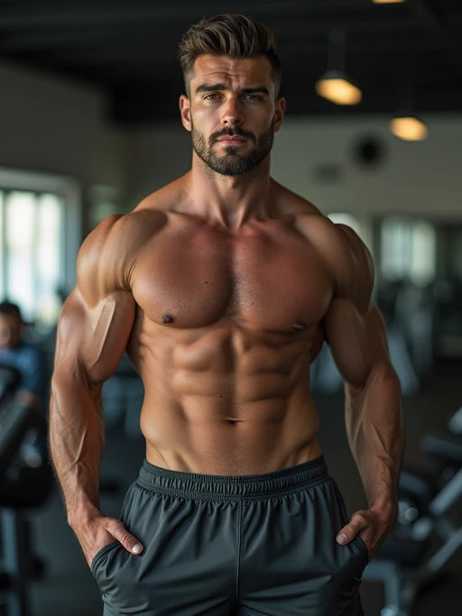 if(gender=m){masculine} if(gender=f){feminine} model in the gym wearing if(gender=m){t-shirt and gym shorts} if(gender=f){sports bra and leggings}