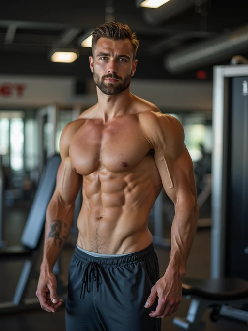 if(gender=m){masculine} if(gender=f){feminine} model in the gym wearing if(gender=m){t-shirt and gym shorts} if(gender=f){sports bra and leggings}
