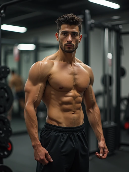 if(gender=m){masculine} if(gender=f){feminine} model in the gym wearing if(gender=m){t-shirt and gym shorts} if(gender=f){sports bra and leggings}