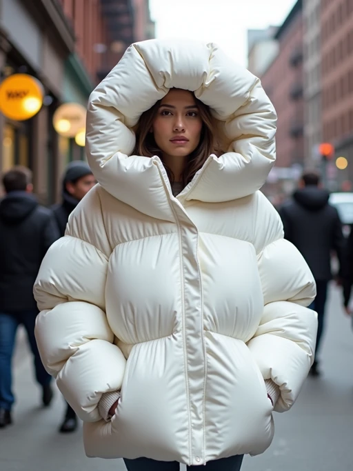 model in a super big round white puffer closed coat with an exaggerated, voluminous design with oversized hood and thick, many quilted sections that contribute to its inflated appearance. the coat is closed and inflated. outside in New York City street.