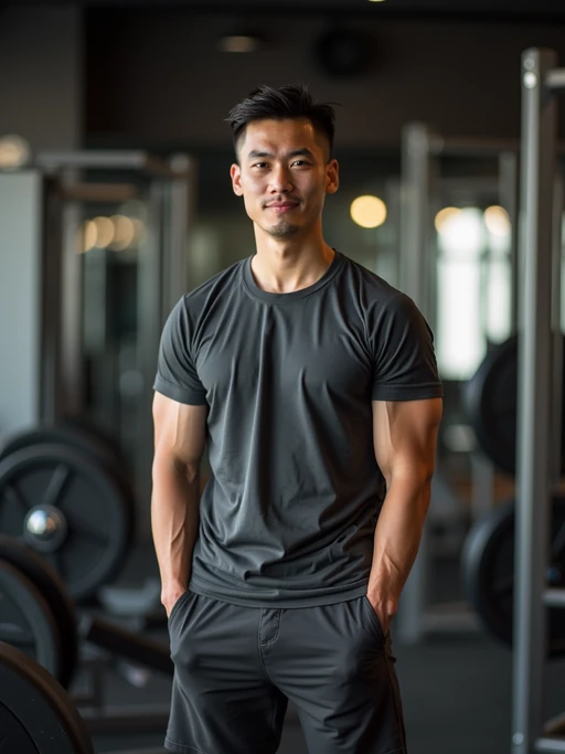 if(gender=m){masculine} if(gender=f){feminine} model in the gym wearing if(gender=m){t-shirt and gym shorts} if(gender=f){sports bra and leggings}