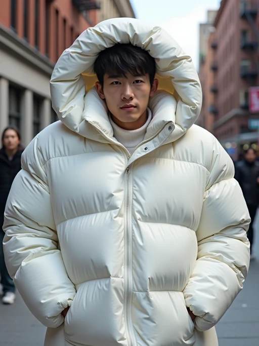 model in a super big round white puffer closed coat with an exaggerated, voluminous design with oversized hood and thick, many quilted sections that contribute to its inflated appearance. the coat is closed and inflated. outside in New York City street.