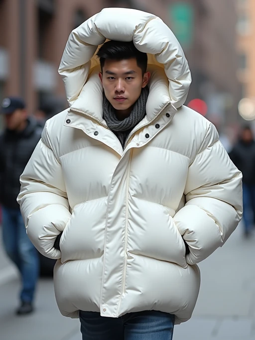 model in a super big round white puffer closed coat with an exaggerated, voluminous design with oversized hood and thick, many quilted sections that contribute to its inflated appearance. the coat is closed and inflated. outside in New York City street.