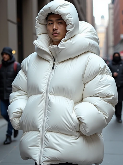 model in a super big round white puffer closed coat with an exaggerated, voluminous design with oversized hood and thick, many quilted sections that contribute to its inflated appearance. the coat is closed and inflated. outside in New York City street.