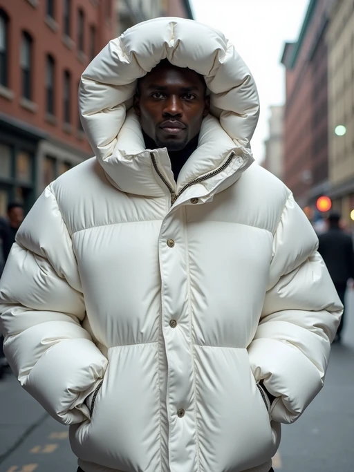 model in a super big round white puffer closed coat with an exaggerated, voluminous design with oversized hood and thick, many quilted sections that contribute to its inflated appearance. the coat is closed and inflated. outside in New York City street.
