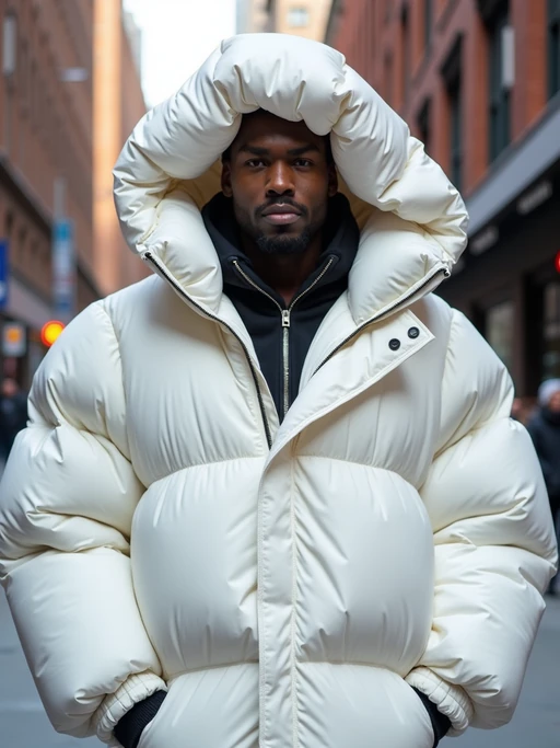 model in a super big round white puffer closed coat with an exaggerated, voluminous design with oversized hood and thick, many quilted sections that contribute to its inflated appearance. the coat is closed and inflated. outside in New York City street.